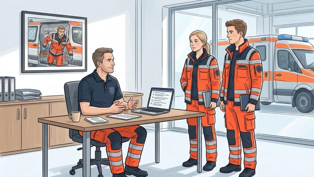 Rettungswachenleitung spricht mit zwei Einsatzkräften über Erwartungen und Verantwortung im Rettungsdienst.