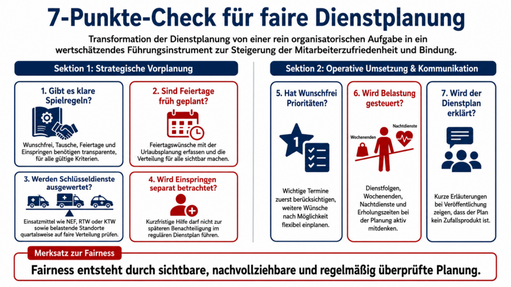 Infografik mit einem 7-Punkte-Check für faire Dienstplanung im Rettungsdienst zu Spielregeln, Feiertagsplanung, Schlüsseldiensten, Einspringen, Wunschfrei, Belastungssteuerung und Kommunikation.