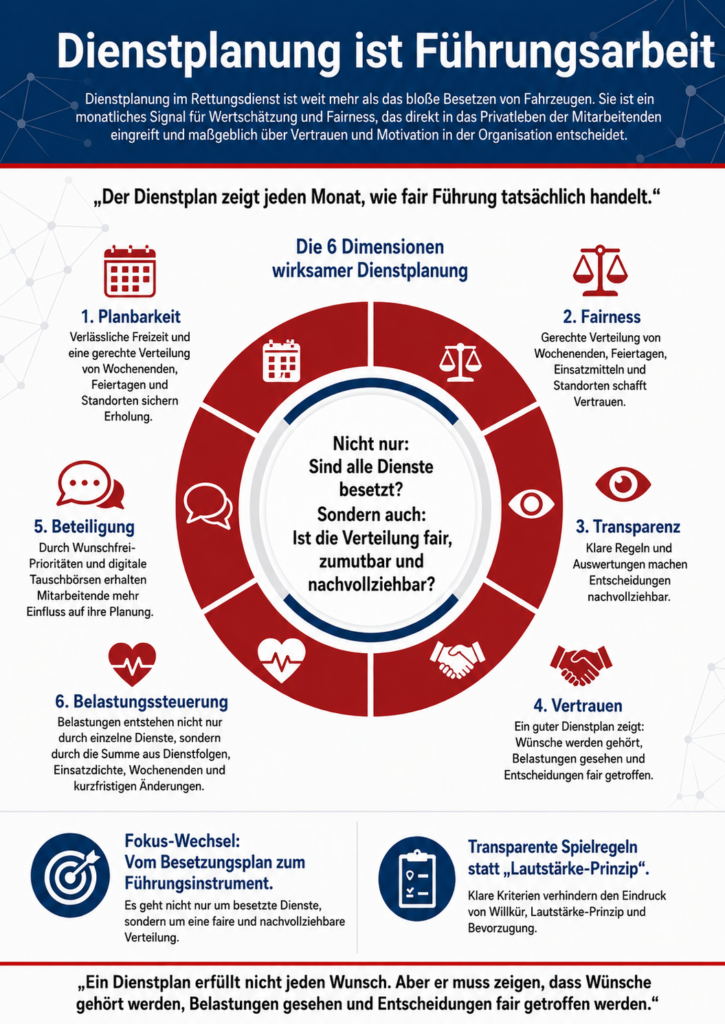 Infografik zur Dienstplanung im Rettungsdienst als Führungsinstrument mit sechs Dimensionen: Planbarkeit, Fairness, Transparenz, Vertrauen, Beteiligung und Belastungssteuerung.