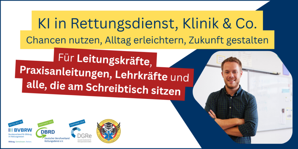 Kursbild für KI im Rettungsdienst, Klinik und Co. für Leitungskräfte, Praxisanleitungen und Lehrkräfte.