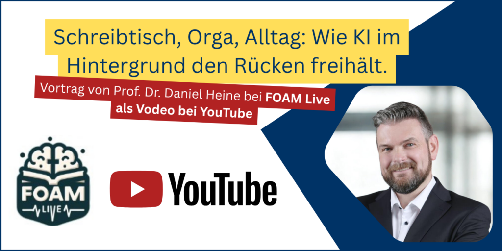 Banner zu einem FOAM Live Vortrag über KI als Unterstützung für Schreibtisch, Organisation und Alltag im Rettungsdienst.