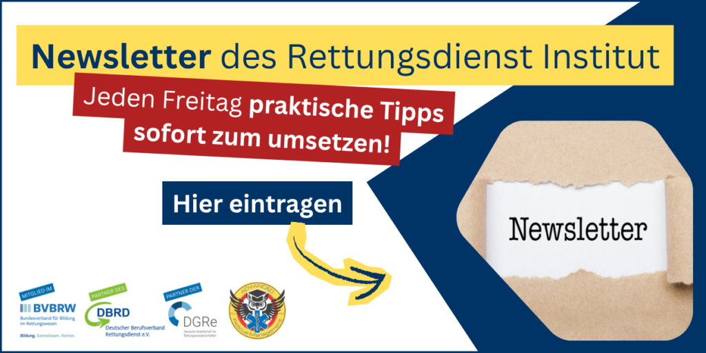 Banner für den Newsletter des Rettungsdienst Institut mit praktischen Tipps für den Rettungsdienst.