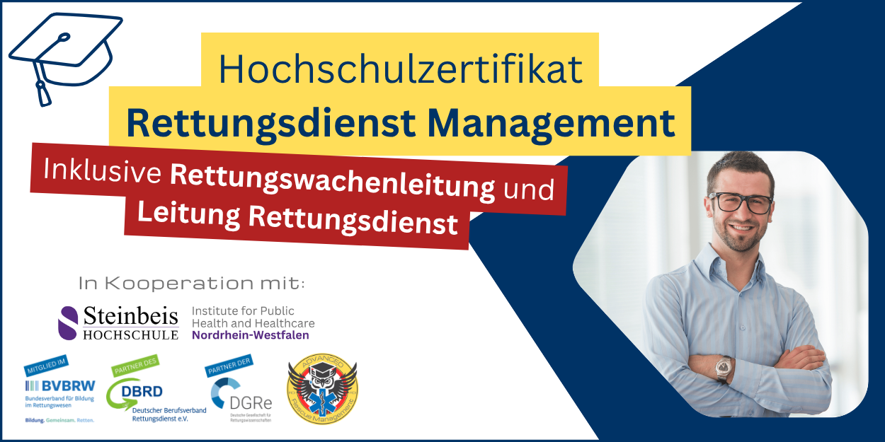 Produktbild zum Hochschulzertifikat Rettungsdienst Management mit Rettungswachenleitung und Leitung Rettungsdienst.