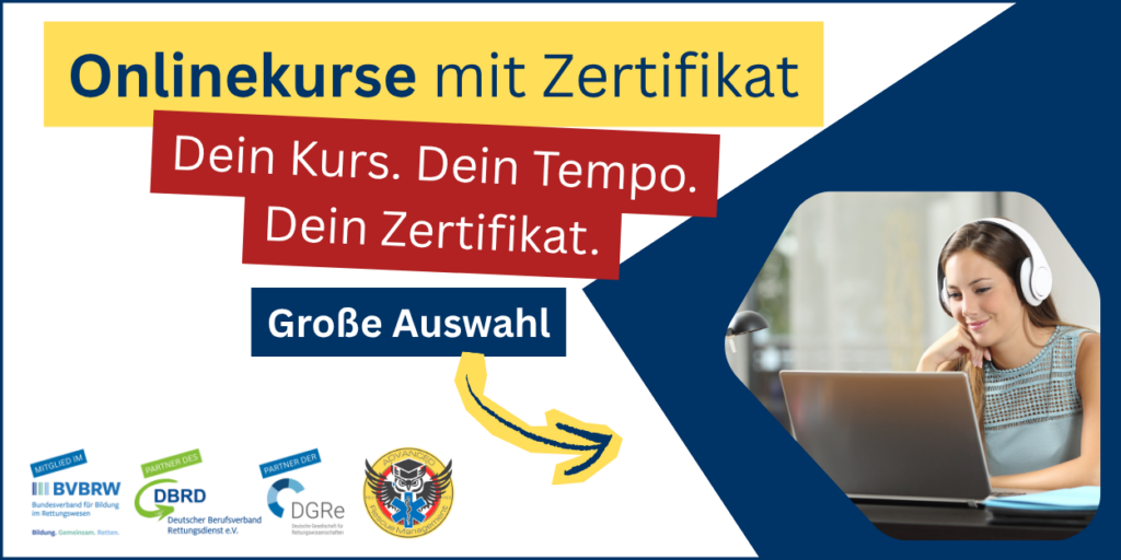 Übersichtsbild für Onlinekurse mit Zertifikat des Rettungsdienst Institut mit flexiblen Lernangeboten.