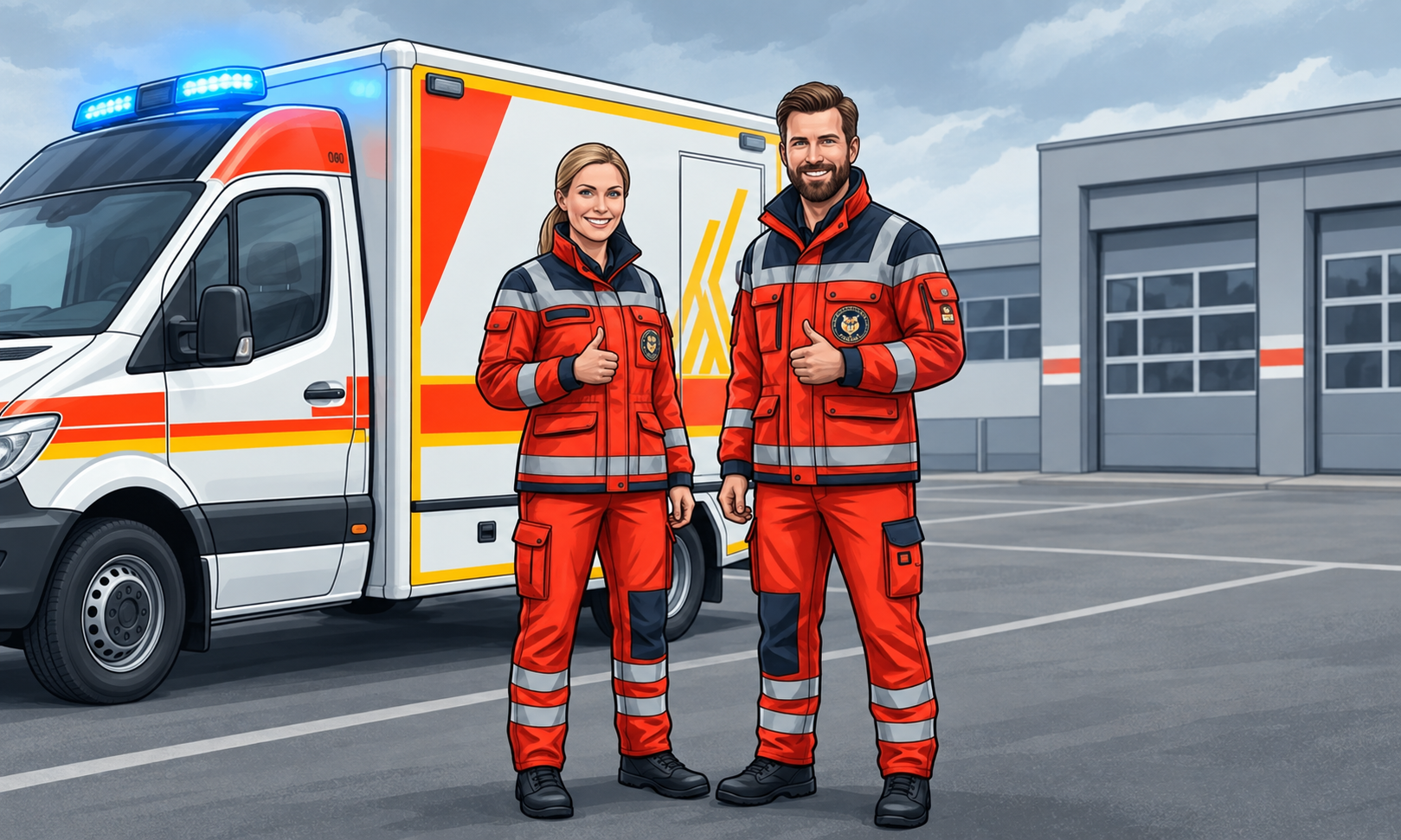 Zwei motivierte Rettungsdienstmitarbeitende stehen vor einem Rettungswagen.
