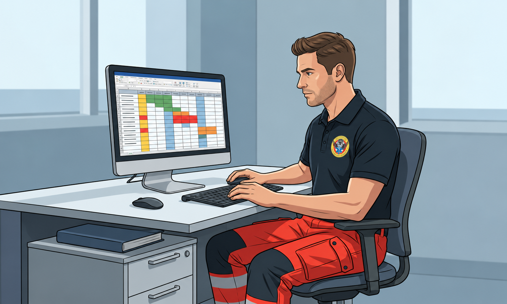 Eine Rettungsdienstkraft erstellt am Computer einen Dienstplan.