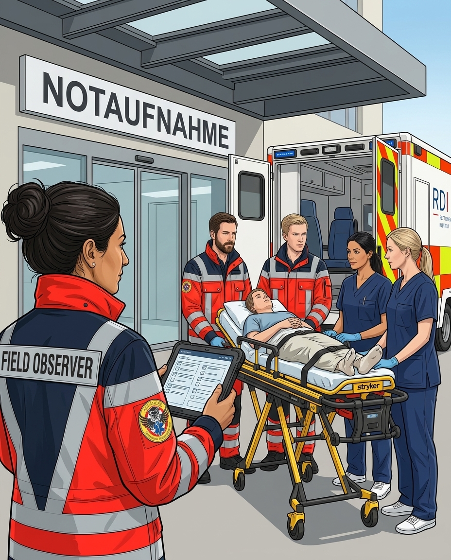 Illustration eines EMS Field Observers mit Tablet bei der standardisierten Patientenübergabe durch Notfallsanitäter an Klinikpersonal vor der Notaufnahme, Rettungsdienst-Institut
