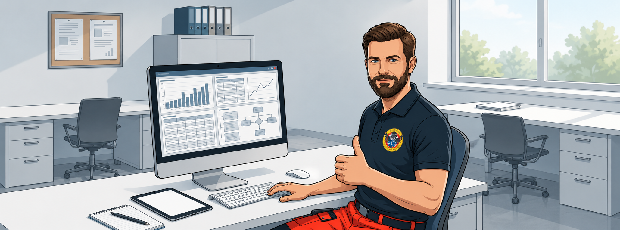 Mitarbeiter im Rettungsdienst nutzt künstliche Intelligenz für Tabellen, Auswertungen und Arbeitsprozesse am Computer