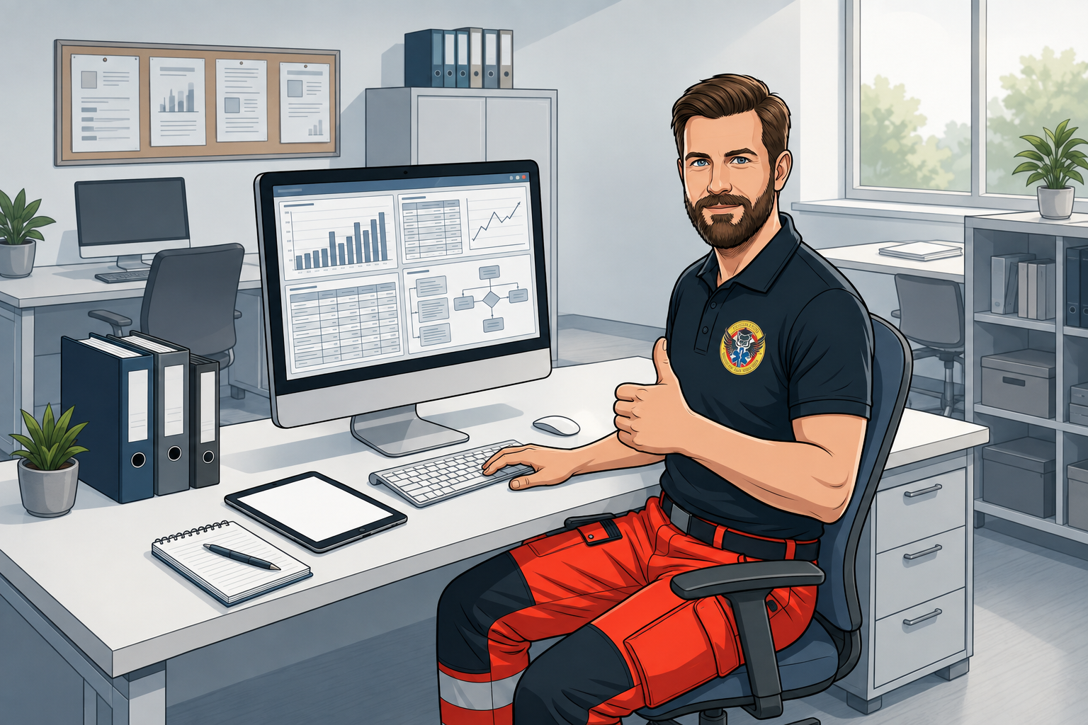 Mitarbeiter im Rettungsdienst arbeitet mit digitalen Auswertungen an einem Computer
