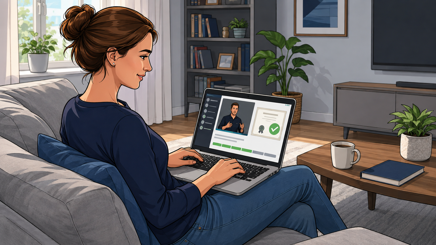 Frau absolviert zu Hause auf dem Sofa einen Onlinekurs am Laptop