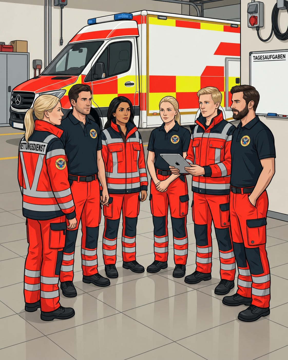 Team einer Rettungswache bei einer gemeinsamen Besprechung vor einem Rettungswagen.