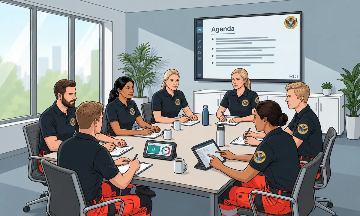 Rettungsdienstteam bespricht gemeinsam eine Agenda in einer moderierten Teamsitzung.