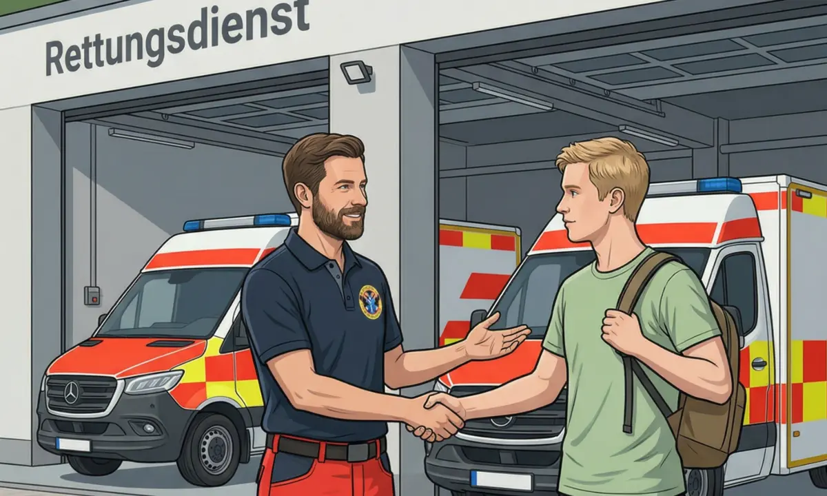 Eine Rettungsdienstkraft begrüßt eine interessierte Person an einer Rettungswache.