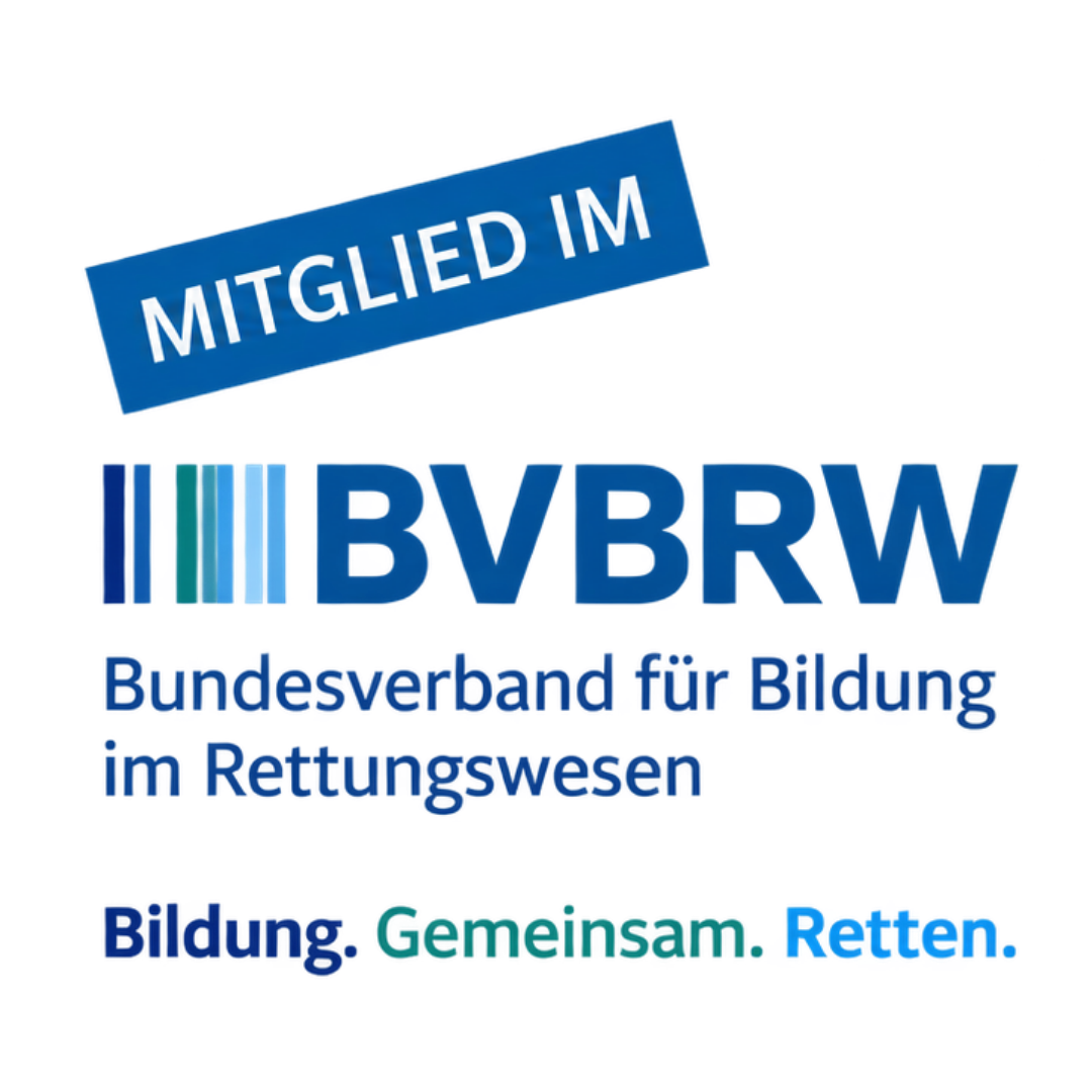 Logo des Bundesverbands für Bildung im Rettungswesen (BVBRW) mit dem Schriftzug „Mitglied im“ und dem Motto „Bildung. Gemeinsam. Retten.“