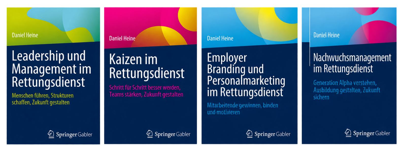 Vier Fachbücher von Daniel Heine nebeneinander: Leadership und Management, Kaizen, Employer Branding und Personalmarketing sowie Nachwuchsmanagement im Rettungsdienst.