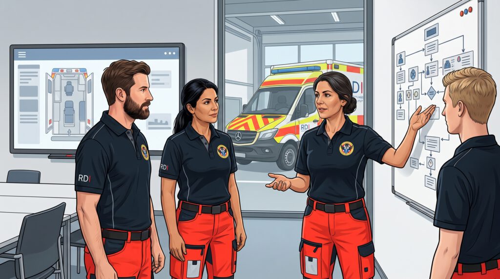 Praxisanleitende im Rettungsdienst besprechen berufliche Entwicklungsmöglichkeiten in Lehre, Ausbildungsmanagement, Führung, Qualität und Studium.